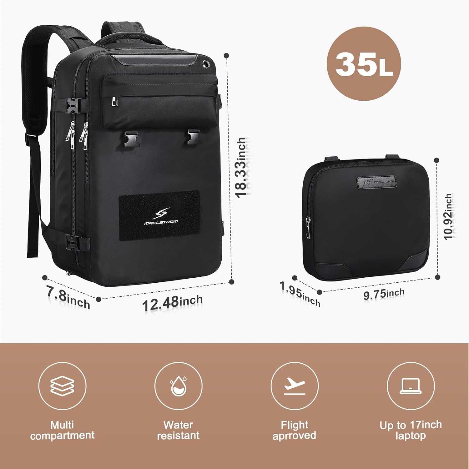 Maelstrom Travel Backpack for Women Men,35L Laptop Backpack Fits 17-Inch Laptop,Waterproof Carry On Backpack for Airplanes with Detachable Crossbody Bag&Shoe Compartment,Black, Large - Image 3