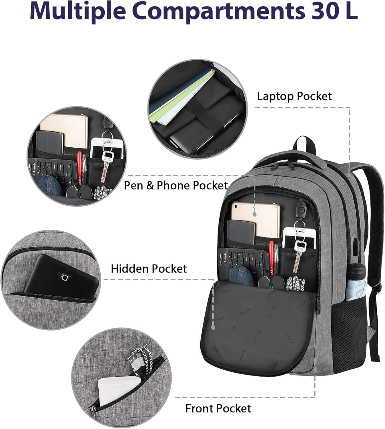 MATEIN Travel Laptop Backpack, 17 Inch Work TSA Approved Carry on Backpack, Large Computer Business Bag for Men Women with USB Port and Trolley Sleeve, College School Rucksack Book Bag, Grey - Image 8